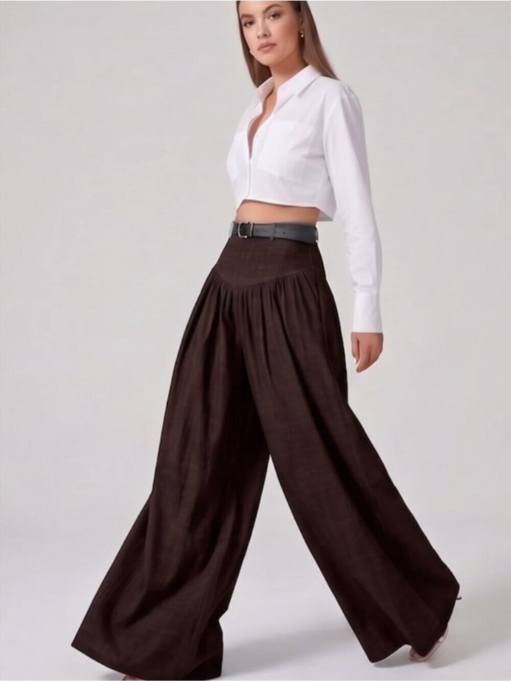 High Waisted Yoke Pleated Wide Leg Palazzo Pants Brown